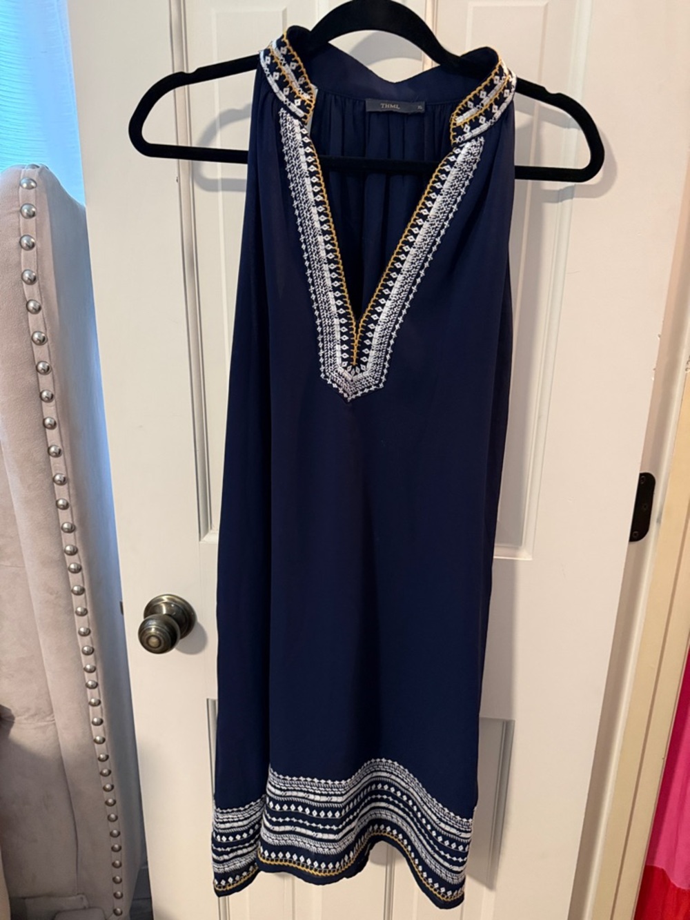 THML Navy Dress with White and Gold Embroidered V-Neck